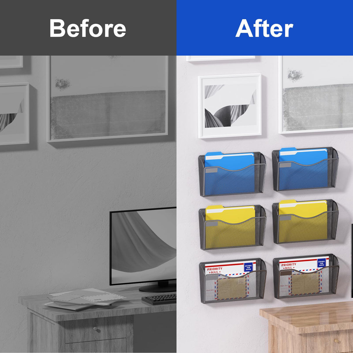 samstar 6 Pack Mesh Wall Mounted File Holder Metal Wall File Pocket Mail Organizer for Office/Home(with Label Panel) samstar