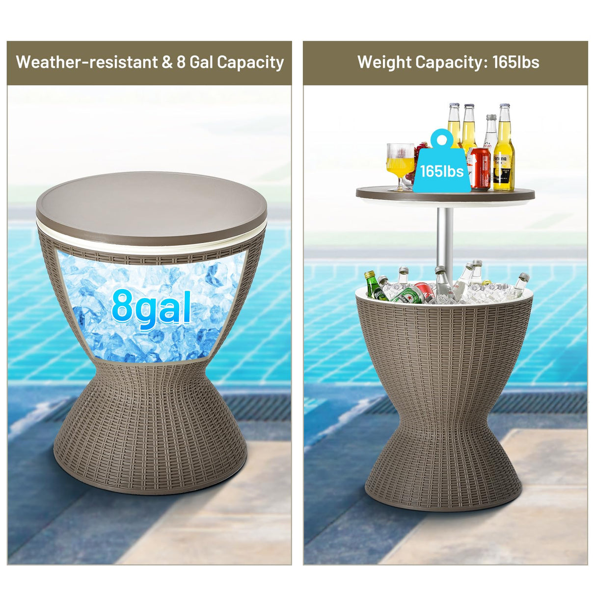 Tangkula Outdoor Cool Bar Table, Rattan Style Patio 8 Gallon Beer and Wine Cooler, All-Weather Ice Bucket w/Height Adjustable Top, Drainage Plug, 3-in-1 Cocktail Coffee Table for Party, Pool (Coffee) Tangkula