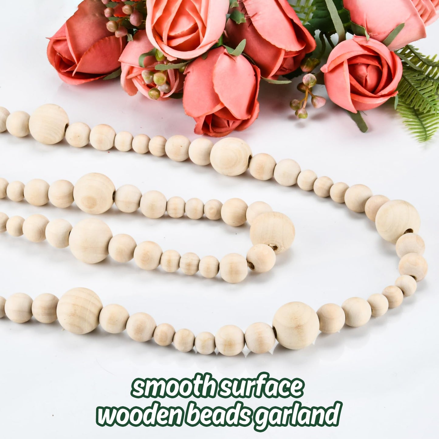 4PCS Wood Beads Garland Christmas, 28.8Feet Wooden Bead Garland for Christmas Tree Decoration, Round Wooden Beads Farmhouse Boho Ornaments for Wall Hanging Home Decor