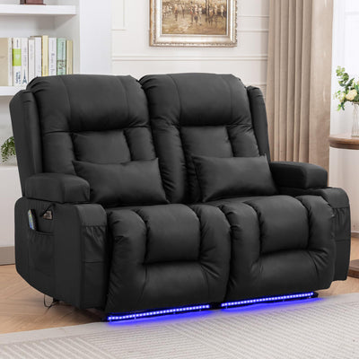 IPKIG 54" Power Loveseat Recliner Sofa, Electric Home Theater Seating with Massage Heat/4 Colors Ambient Lights/USB Port/Side Pocket/Cup Holder for Living Room, Bedroom, Home (Black, 2 Seater)