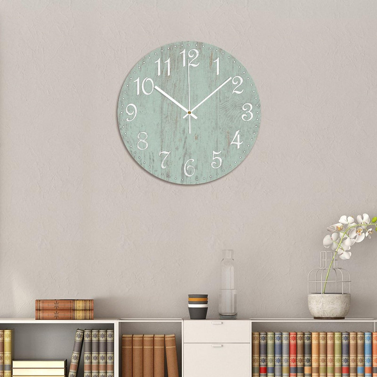 COCOKEN Wall Clock Silent Non Ticking Wooden Clocks Seafoam Green Clock Battery Operated 15in, Round Farmhouse Clock, Rustic Clocks Decor for Home Kitchen Office COCOKEN