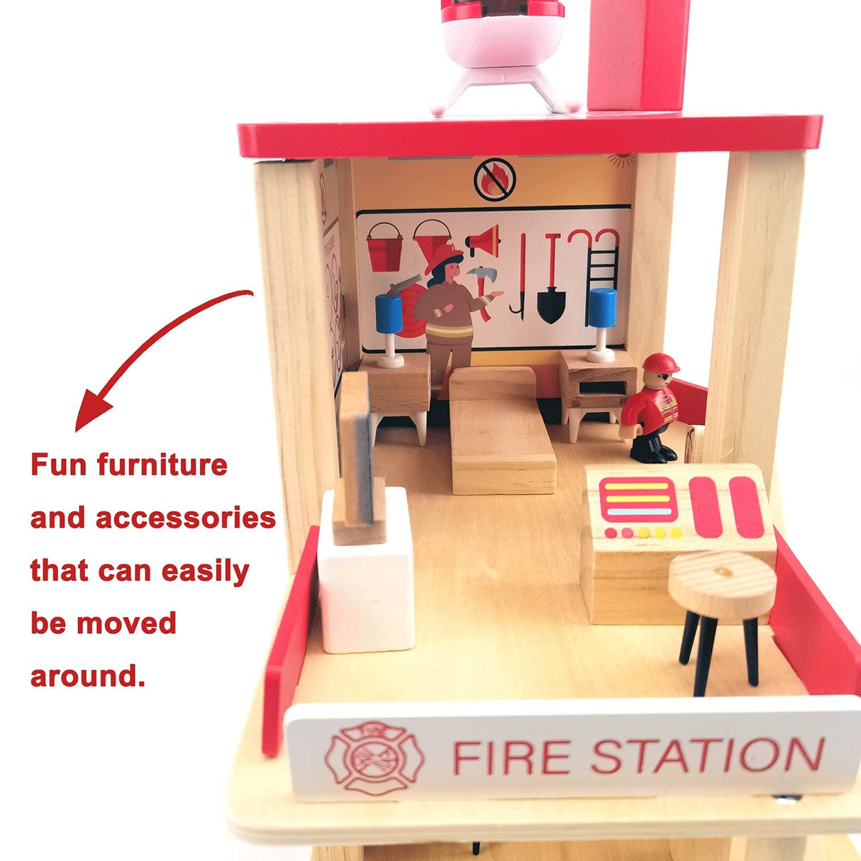 BBtinker Wooden Fire Station Playset, Multicolor 3-Level Pretend Play Dollhouse with Figures, Truck, Helicopter and Accessories, Preschool Learning Educational Toys for Toddlers Kids Age 3 and up BBtinker