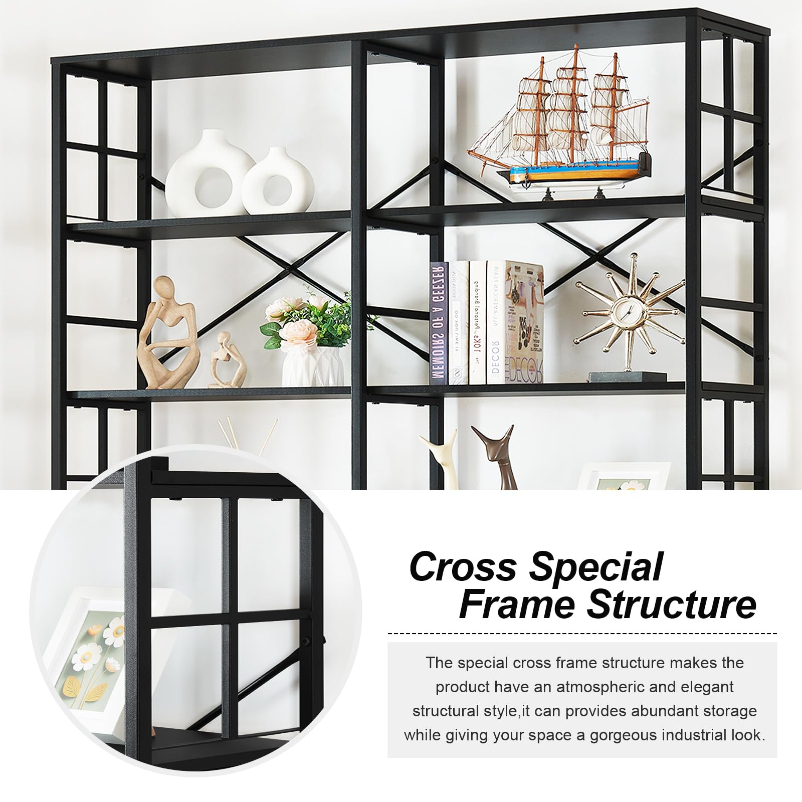 HOMISSUE 84" Double Wide Industrial 7-Tier Black Bookshelf with Open Shelves - WoodArtSupply