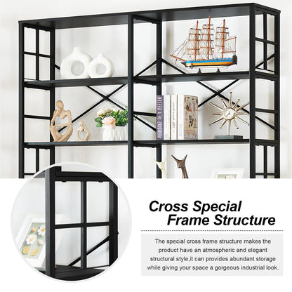 HOMISSUE 84" Double Wide Industrial 7-Tier Black Bookshelf with Open Shelves - WoodArtSupply