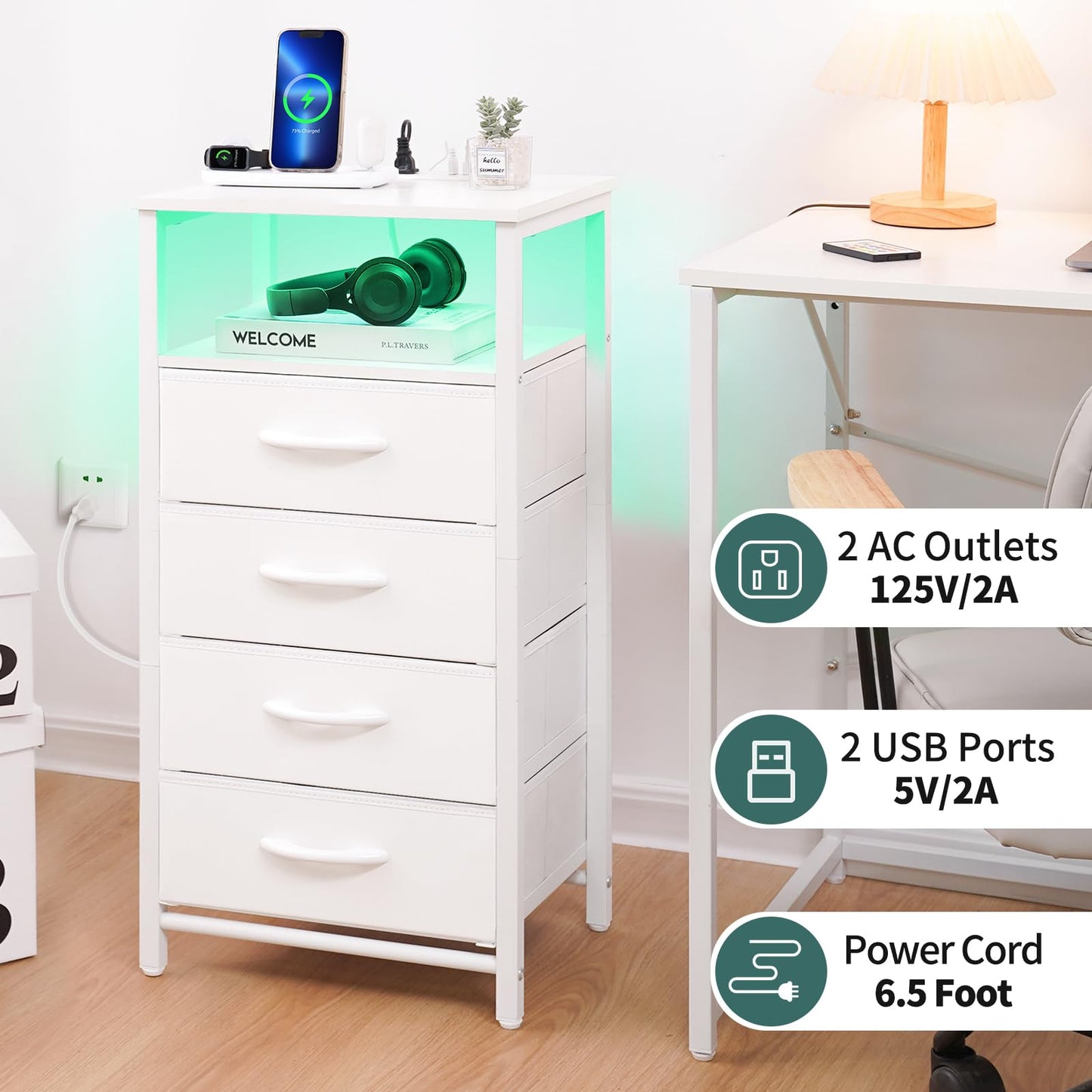 Yoobure White Nightstand - Small Dresser for Bedroom, LED Night Stand with Charger Station, Bedside Table with 4 Fabric Drawers and Open Shelf, Vertical Dressers with USB Ports and Outlets