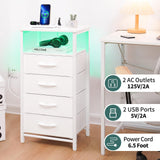 Yoobure White Nightstand - Small Dresser for Bedroom, LED Night Stand with Charger Station, Bedside Table with 4 Fabric Drawers and Open Shelf, Vertical Dressers with USB Ports and Outlets Yoobure