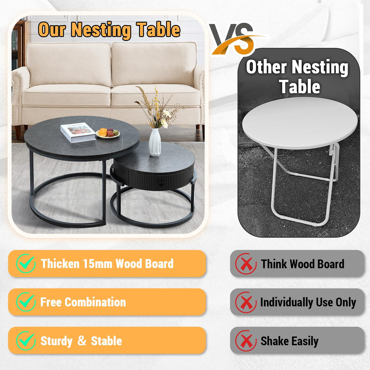 Round Nesting Coffee Tables Set: Gray Marble End Tables Set of 2 - Modern Metal Stacking Side Tables for Living Room Small Spaces Paradmas