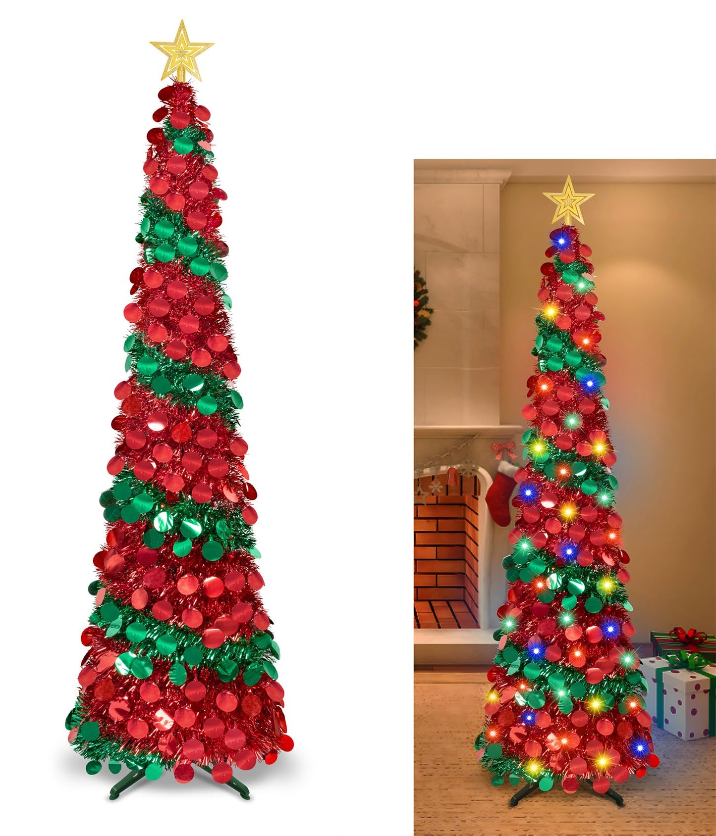 5 Ft Pop Up Christmas Tree with Lights, Pencil Tinsel Collapsible Christmas Tree with 50 Warm Light & Tree Topper for Christmas Decoration Courtyard Home Party Decor Indoor Outdoor (Red Green)