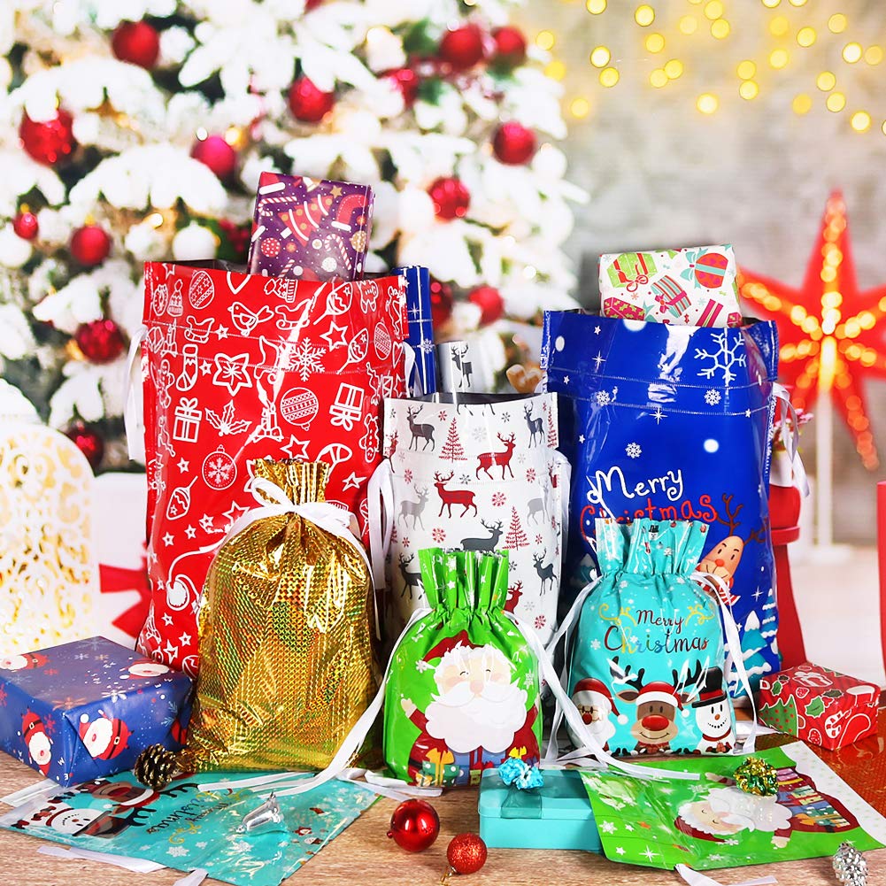 HRX Package Holiday Drawstring Gift Bags, 30pcs Christmas Foil Gift Wrapping Sacks Pouches for Xmas Presents Party Favor (Large Medium Small) HRX Package