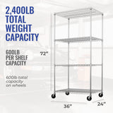 SafeRacks - NSF Certified Storage Shelves, Zinc, Heavy Duty Steel Wire Unit with Wheels and Adjustable Feet, Garage or Bakers Rack, Kitchen, Pantry Shelf - (36"x24"x72" 4-Tier) (Silver) SafeRacks