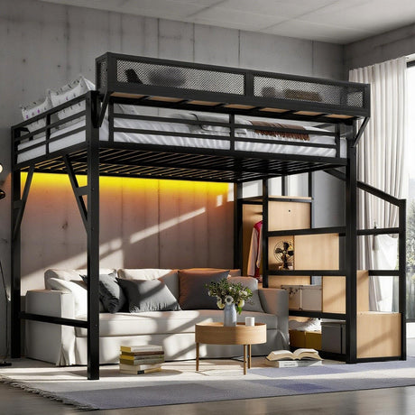 Queen Loft Bed with Stairs and Built-in Wardrobe, Metal Loft Bed Frame with Storage Shelves, Heavy Duty Loft Beds with USB Ports and LED Lights for Adults, Boys, Girls, Teens, Natural Wood Bellemave