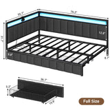 Hasuit Corner Bed Frame with Storage Drawers, Full Daybed with Line Fabric Upholstered Fence, Kids Bed Unit with LED Light and Charging Station, Modern Bed Frame Full Size, Gray Hasuit