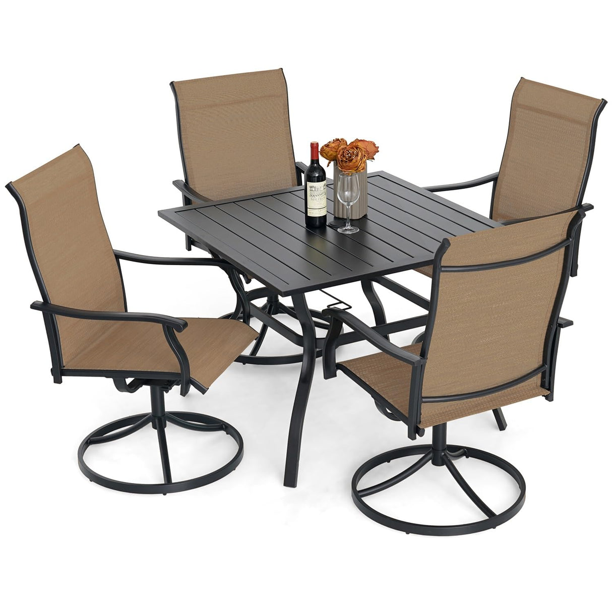 Anmutig 5 Piece Outdoor Patio Dining Set, 4 Swivel Rocking Patio Chairs & Square Dining Table Outdoor Furniture for Backyard Bistro Garden Poolside Brown Anmutig