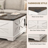 Hlivelood 36" Farmhouse Movable Lift Top Coffee Table with Storage and Power Outlets, Square Wood Living Room Tables with Wheels&Large Hidden Space, Lift Wooden Barn Door Center Table, White Hlivelood