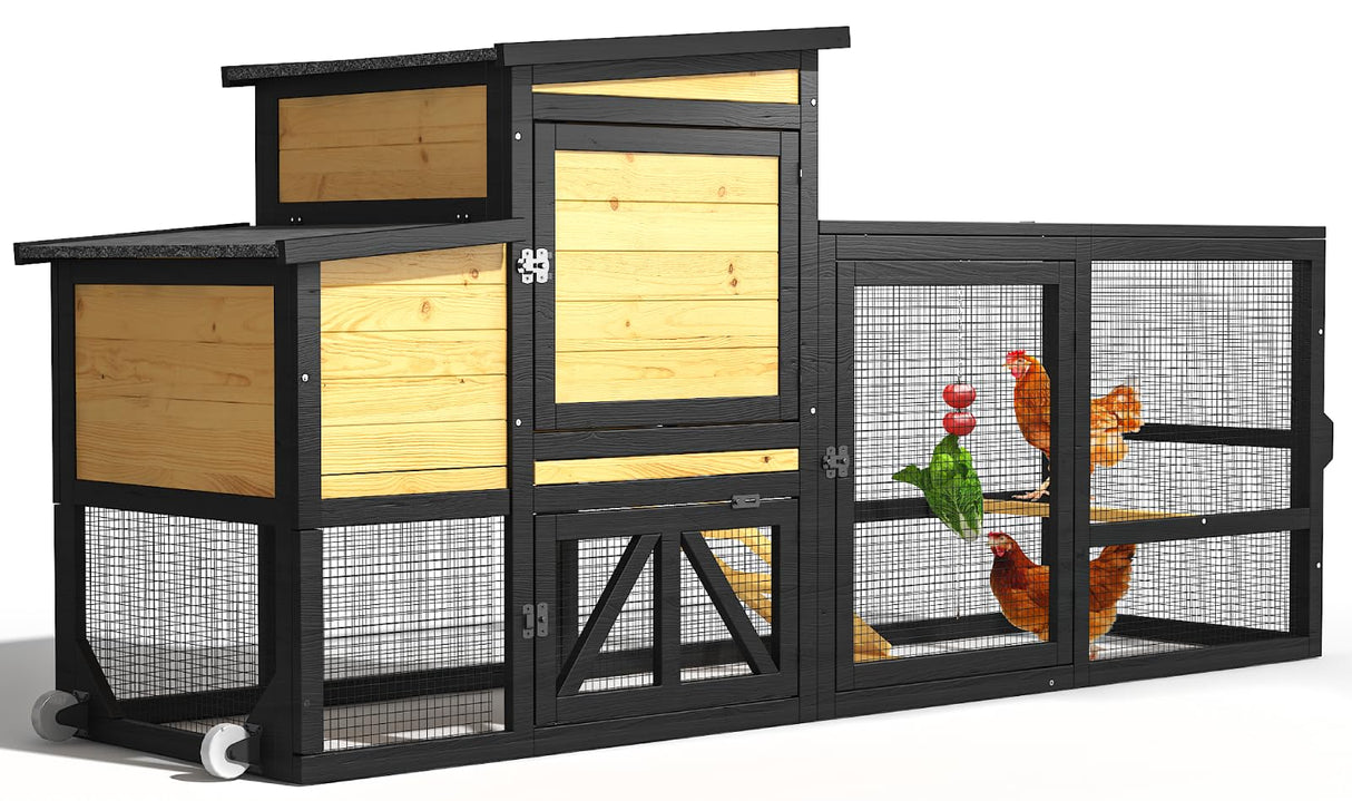 TIMHAKA 80'' Chicken Coop with Nesting Box, Outdoor Duck Coop, Chicken House for Outside, Wooden Chicken Coops with Run & Waterproof Asphalt Roof, Wheels, Removable Tray and Hanging Chicken Feeder TIMHAKA