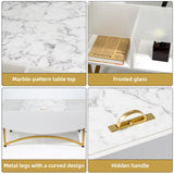 White and Gold Lift Top Coffee Table with Charging Station and LED Lights - 40" L×20" W×17" H Large Rectangle Marble Coffee Table Lift Top for Living Room, Glass & Marble-Pattern Tabletop, Metal Leg Caredear