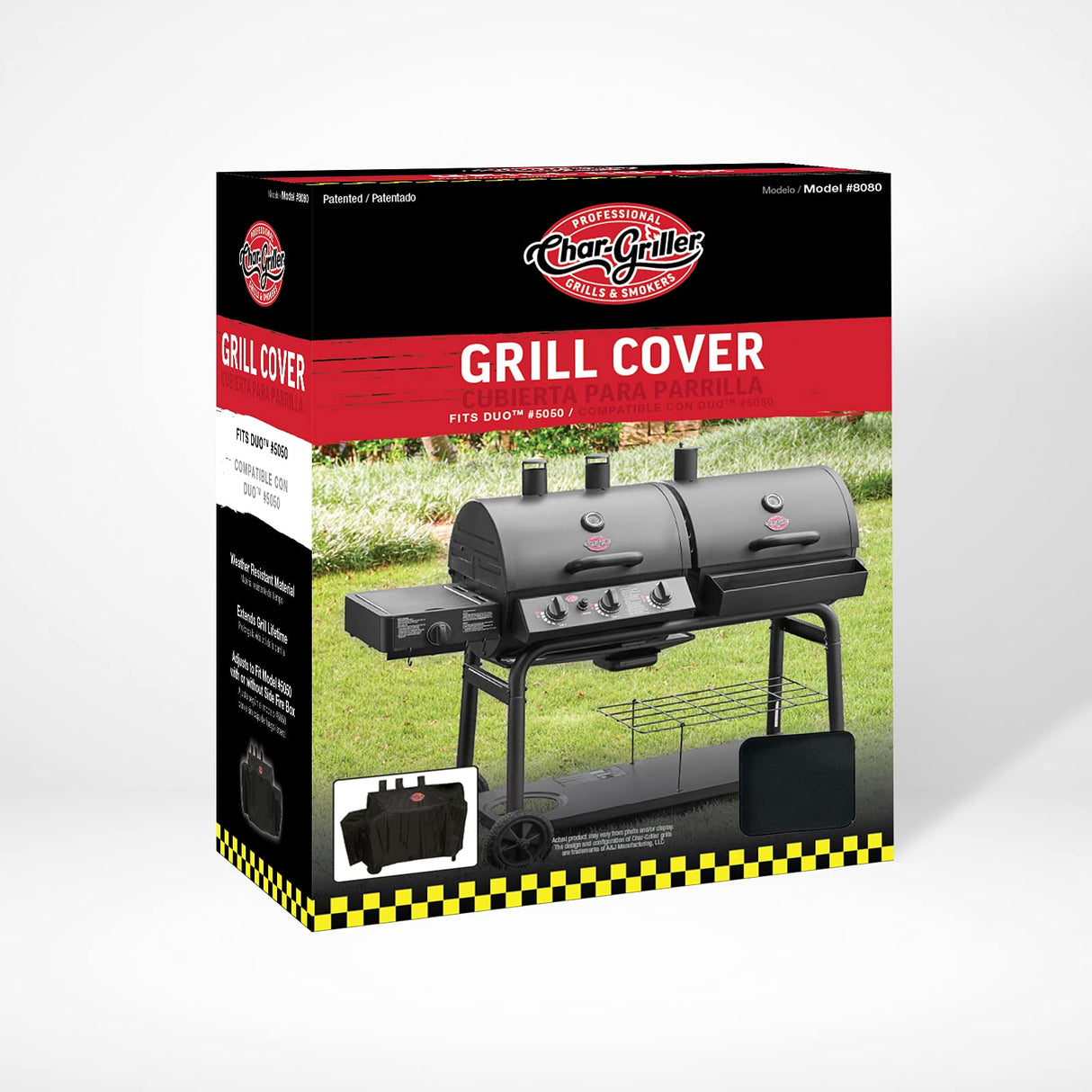 Char-Griller® 3-Burner Dual Fuel Expandable Propane Gas and Charcoal Outdoor Polyester Grill and Smoker Cover in Black, 29in x 65in x 49in, Model 8080 Char-Griller