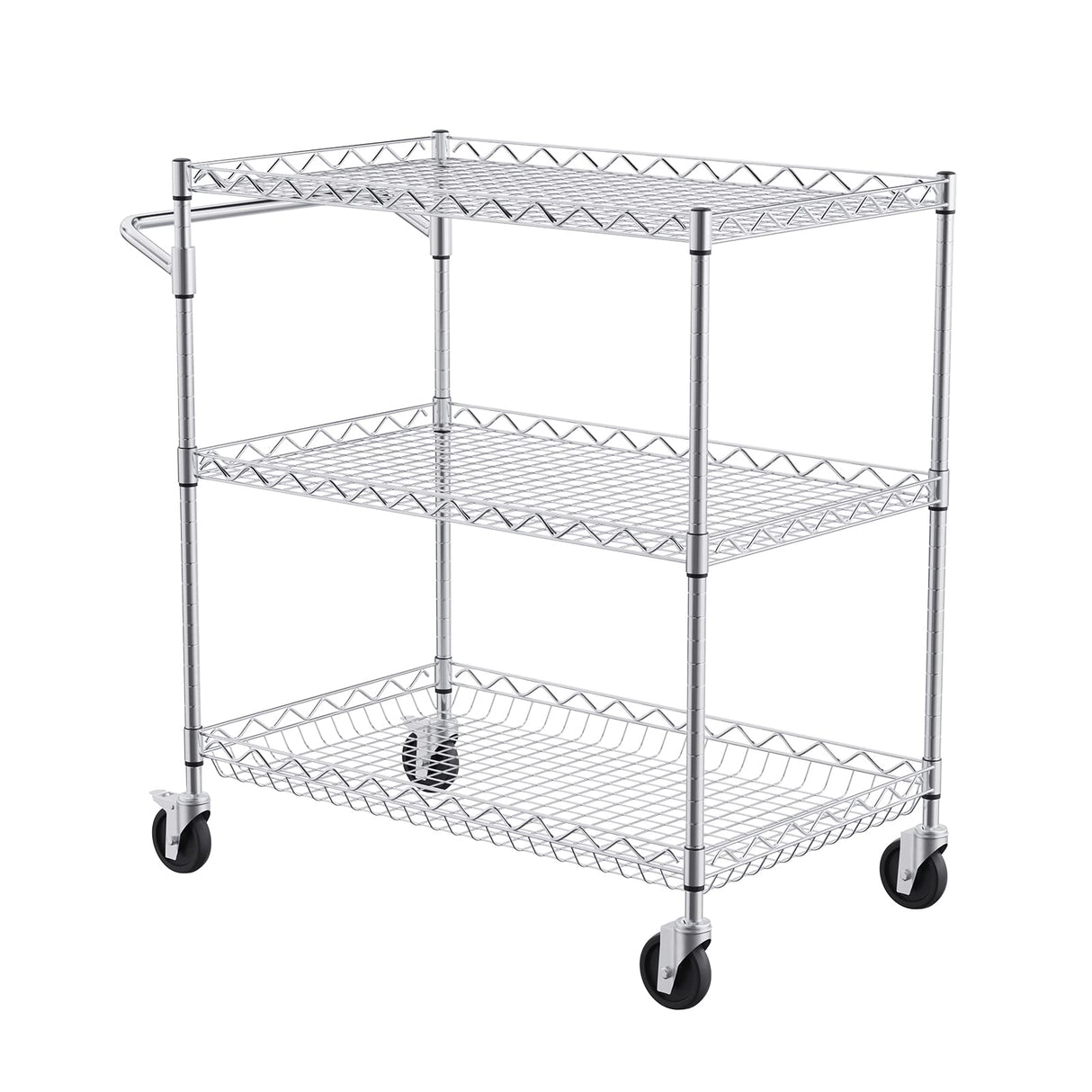 VEVOR Kitchen Utility Cart, 3 Tiers, Wire Rolling Cart with 661 LBS Capacity, Steel Service Cart on Wheels, Metal Storage Trolley with 80 mm Deep Basket Curved Handle 6 Hooks, NSF Listed VEVOR
