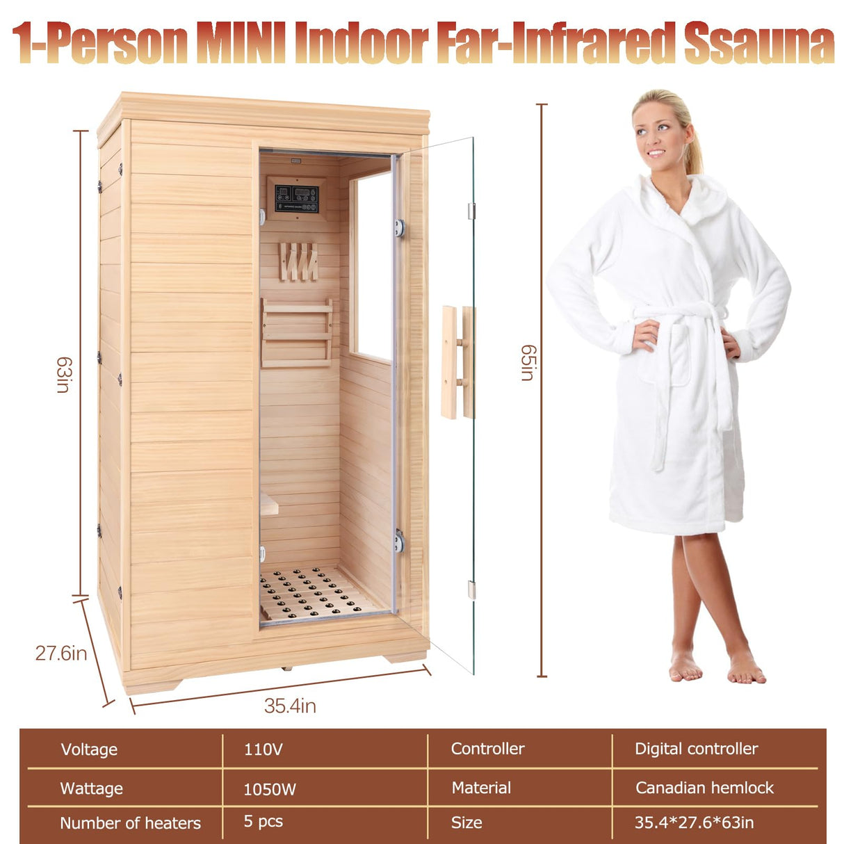 Far Infrared Sauna for 1 Person, Indoor Low EMF Infrared Wooden Dry Sauna for Home with 5 Low EMF Heating Panels, Side-Opening Door, Digital Control, Bluetooth Speakers, Home Spa Therapy DWKWE
