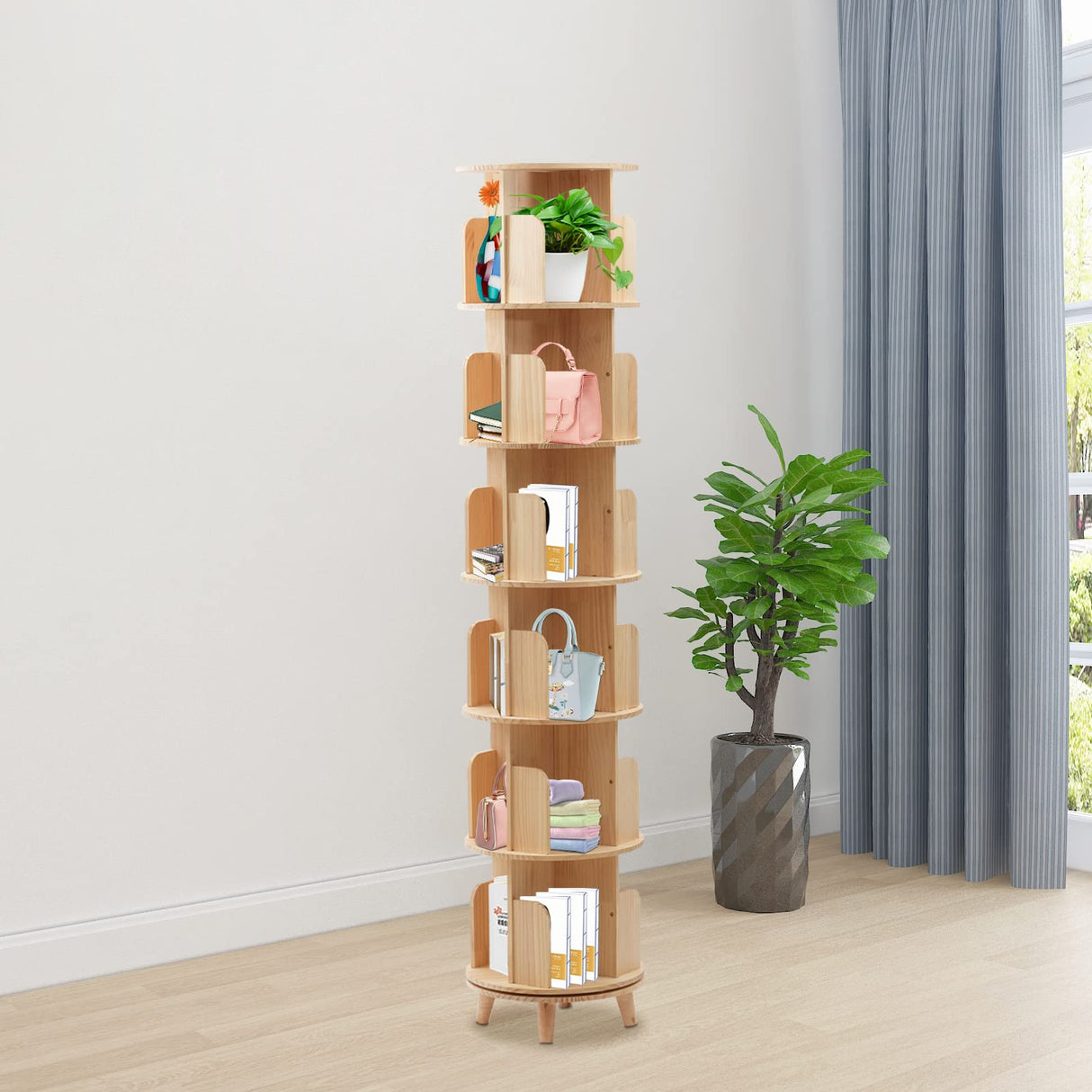6-Tier Rotating Wood Bookshelf - Multi-Functional 360° Floor Standing Organizer for Kids & Adults RustyVioum