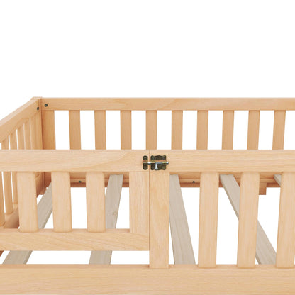 CITYLIGHT Twin Montessori Floor Bed with Rails and Door - Natural Wood Frame for Kids - WoodArtSupply