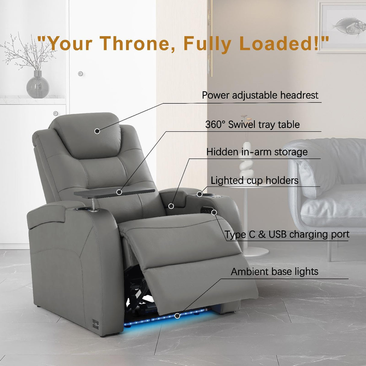 comfiroom Top Grain Leather Home Theater Seating Seats, Simple Style Dual Power Gaming Sofa Movie Theater Chairs Recliner Sofa with Type-C USB Charger (Grey, Row of 1) comfiroom