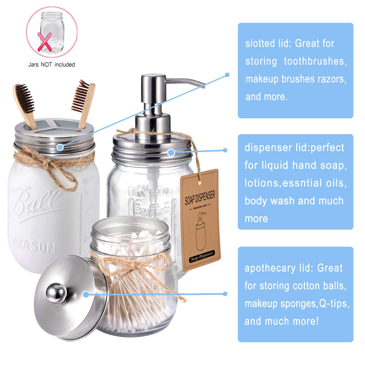 Komashr Mason Jar Bathroom Accessories Lids Set(4pcs) -Jars Not Included -Soap Dispenser,Toothbrush Holder,and Apothecary Jars Lids for Regular Mouth Mason Jars -Rustic Farmhouse Decor, Brushed Nickel Komashr