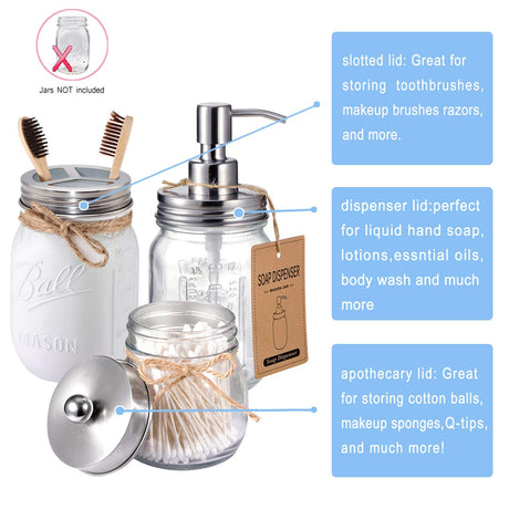 Komashr Mason Jar Bathroom Accessories Lids Set(4pcs) -Jars Not Included -Soap Dispenser,Toothbrush Holder,and Apothecary Jars Lids for Regular Mouth Mason Jars -Rustic Farmhouse Decor, Brushed Nickel Komashr