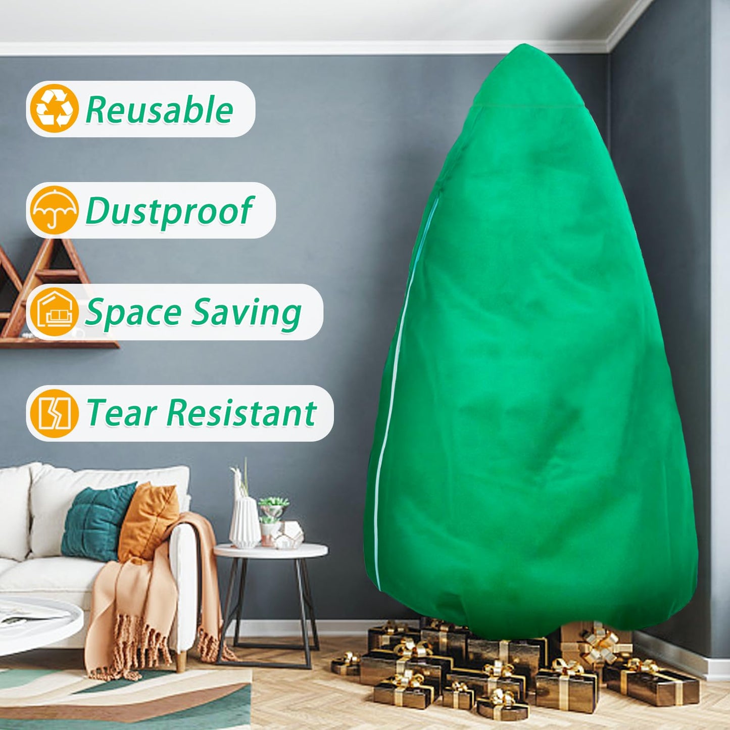 Upright Christmas Tree Storage Bag, Christmas Tree Cover for Up to 9 Foot Standing Artificial Tree with Ornaments, Large Holiday Assembled Xmas Tree Dustproof Bag with Zipper & Drawstring(Green)