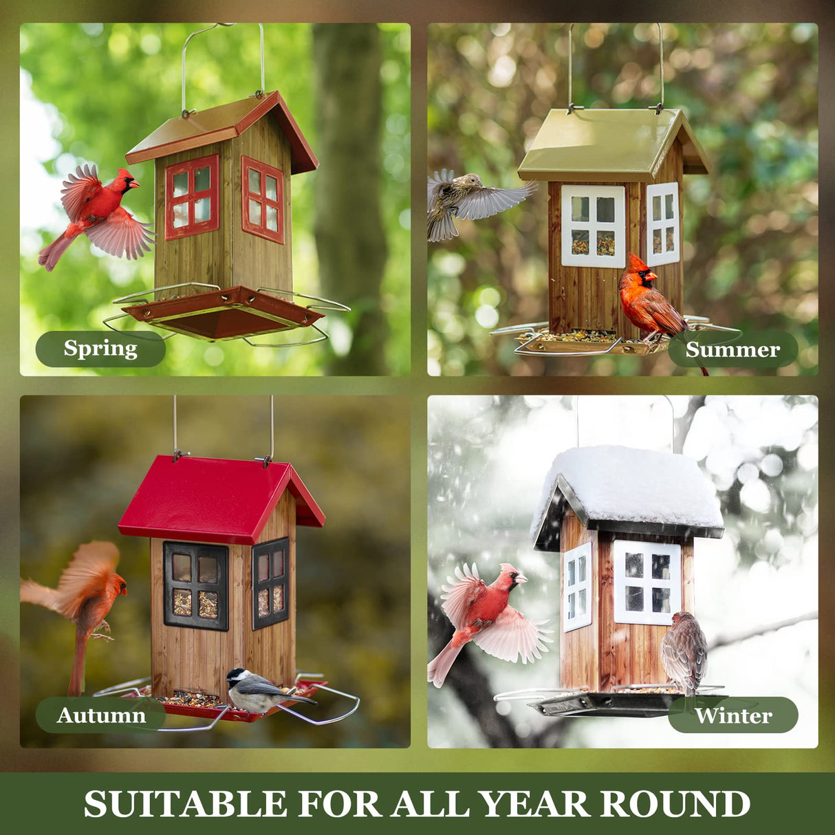 Kingsyard Cute Bird House Feeders for Outside, Hanging Metal Bird Feeder with 4 Ports, Outdoor Garden Yard Decorations for Cardinals Finches Chickadees Goldfinches & Sparrows Birds Watching Kingsyard