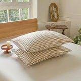 Tan Gingham Queen Quilt Set, Soft Pre-washed Microfiber Taupe Plaid Queen Bedspread, Lightweight Checked Summer Quilt, Grid Bedding Coverlets for All Seasons (Includes 1 Quilt, 2 Pillow Shams) NSNLGSGC