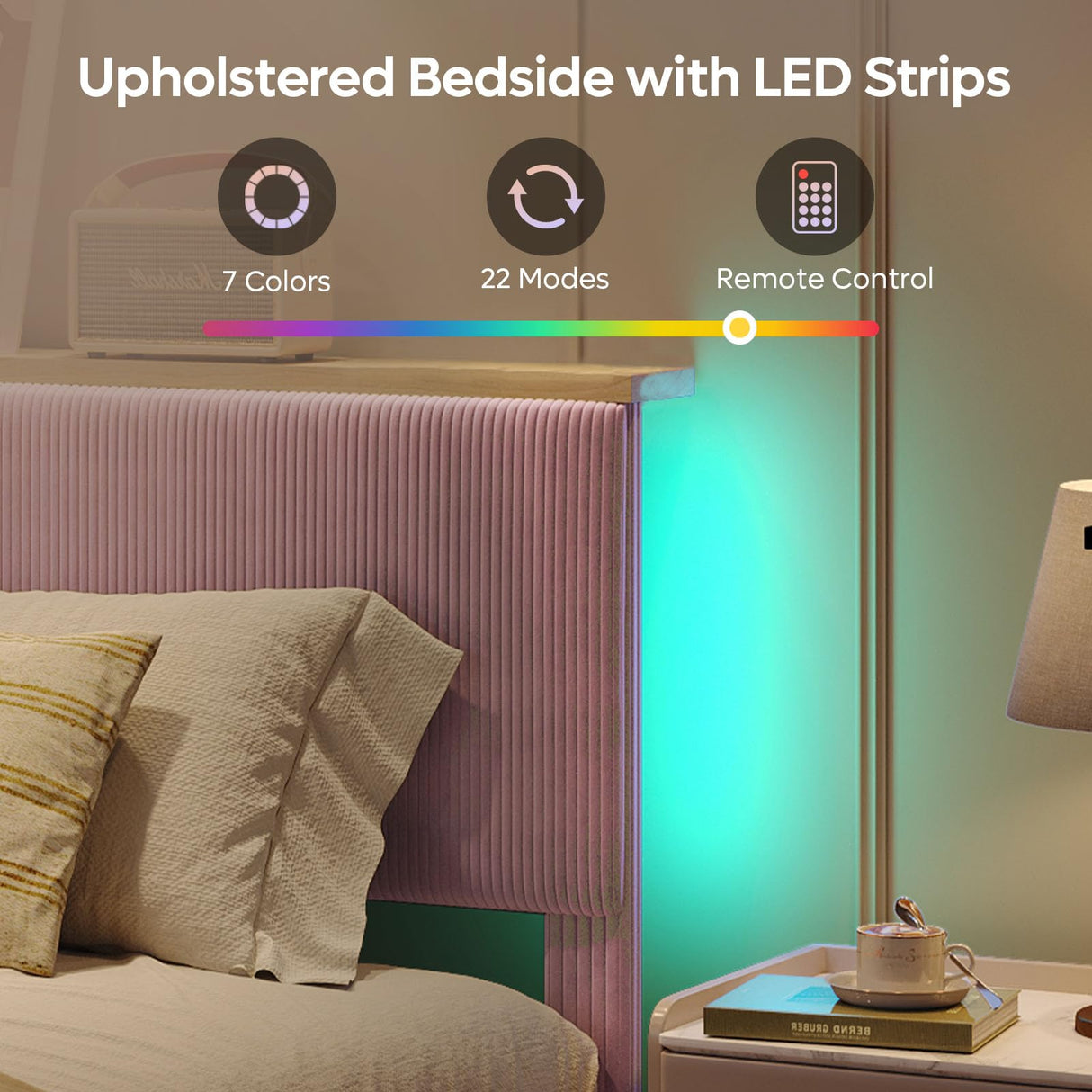 Bestier King Corduroy Upholstered Bed Frame with Adjustable Vertical Channel Headboard, LED Platform Bed with Storage Shelf, Solid Wood Leg & Slat Support, No Box Spring Needed, Never Squeaks, Pink Bestier