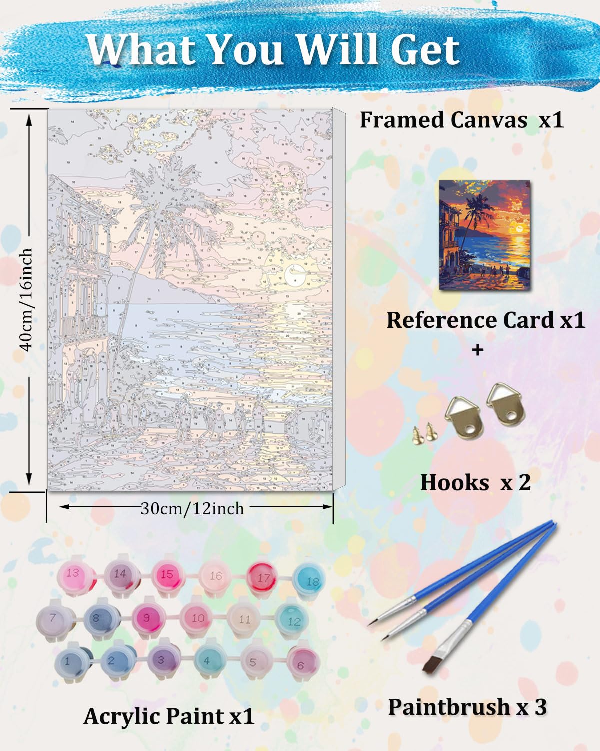 TOCARE Framed Paint by Numbers Kit for Adults, 12x16Inch Hawaii Sunset Paint by Numbers with Frame, Beach Paint by Number Framed Canvas Nature Scenery(Without Easel) TOCARE