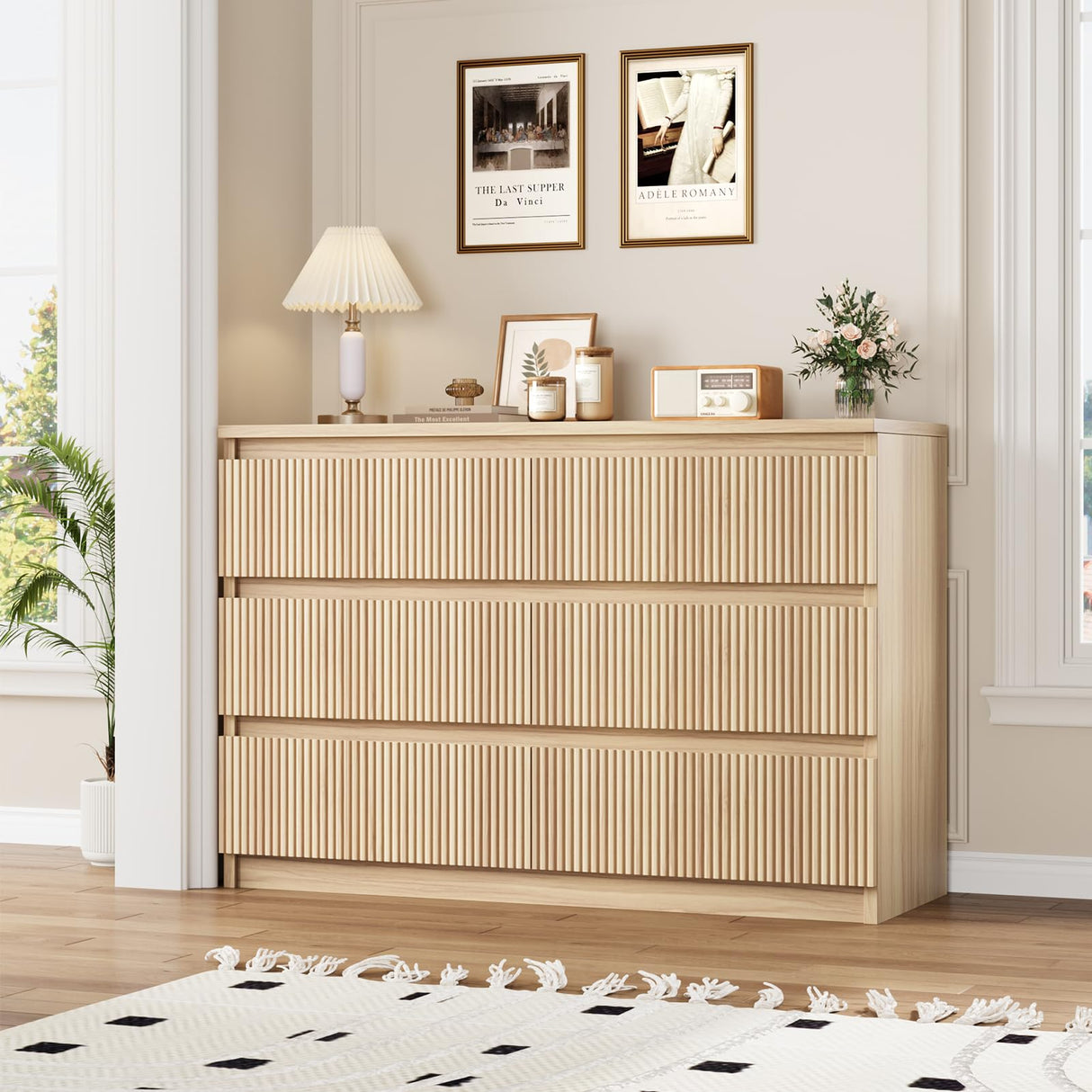 Jocoevol Oak 6 Drawer Dresser for Bedroom, Modern Fluted Dresser, Bedroom Dressers with Drawers, Large Double Wooden Chest of Drawers for Living Room, Hallway Jocoevol