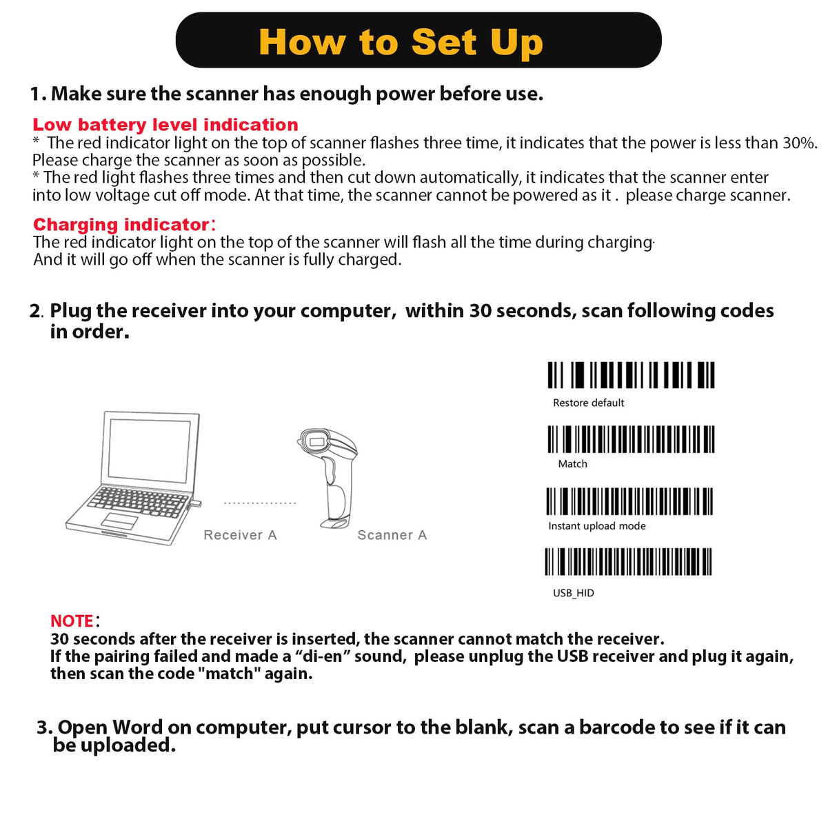 NADAMOO Wireless Barcode Scanner 328 Feet Transmission Distance USB Cordless 1D Laser Automatic Barcode Reader Handhold Bar Code Scanner with USB Receiver for Store, Supermarket, Warehouse NADAMOO