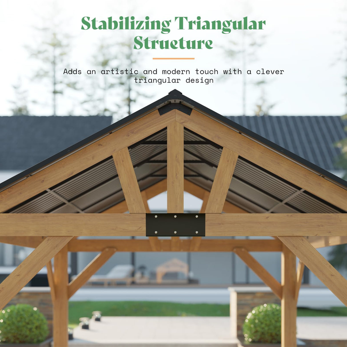 LUXOAK 10x12 ft Wood Gazebo, Hardtop Pergola with Steel Gable Roof, Outdoor Gazebo with Guest House for Garden, Porch, Patio, Black + Natural Wood LUXOAK