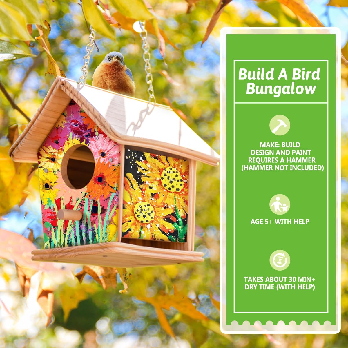 DIY Bird Houses for Kids, Cedar Bird House Kit for Kids and Adults, Art Craft Outdoor Birdhouse, Painting Kit, Hardware Glue Included- 4 Paints, 2 Brush, 14 Wooden Pcs, Chain for Tree Hanging