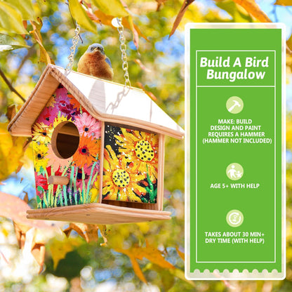 DIY Bird Houses for Kids, Cedar Bird House Kit for Kids and Adults, Art Craft Outdoor Birdhouse, Painting Kit, Hardware Glue Included- 4 Paints, 2 Brush, 14 Wooden Pcs, Chain for Tree Hanging