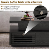 IRONCK Mid Century Modern Coffee Table with LED Lights & Charging Station, 4 Storage Drawers with Grille Design, Square Wood Coffee Table for Living Room Office, (Black) IRONCK