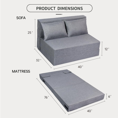 Fvkind Folding Sofa Bed Twin Size, Foldable Sleeper Chair with 2 Pillows, Convertible Futon Sofa Bed with Washable Cover, Fold Out Couch for Living Room, Dorm, Guest Room, Standard Size, Light Grey Fvkind