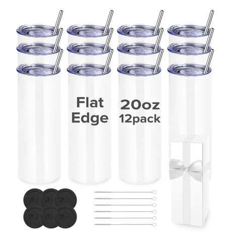 FASTSUB Sublimation Tumblers 20 oz Blank Bulk Cups Straight Skinny Stainless Steel Double Wall Vacuum Insulated with Lids and Straws for Tumbler Heat Press White 12 Pack FASTSUB