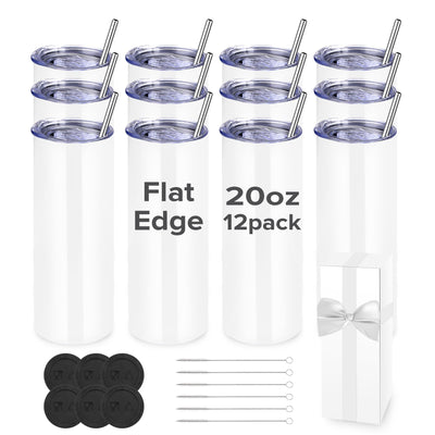 FASTSUB Sublimation Tumblers 20 oz Blank Bulk Cups Straight Skinny Stainless Steel Double Wall Vacuum Insulated with Lids and Straws for Tumbler Heat Press White 12 Pack