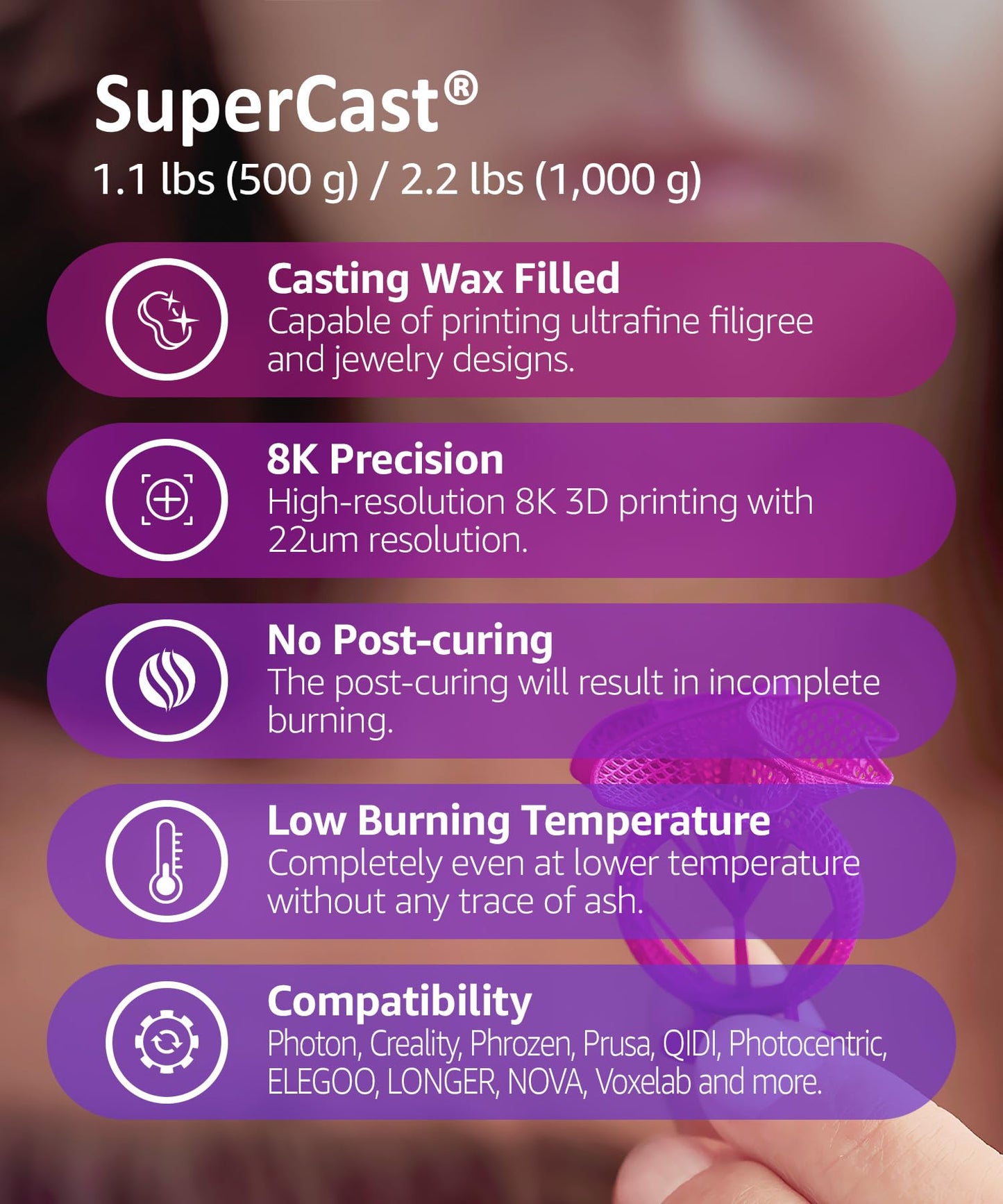 SuperCast 8K 3D Printer Resin Wax Filled for Ultrafine Filigree, Jewelry, and Metal Casting, Made in Korea by 3DMaterials (1000g)