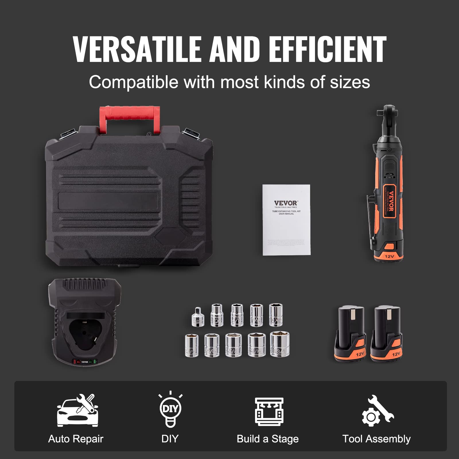 VEVOR 3/8" Cordless Electric Ratchet Wrench Set, 33 Ft-lbs 12V Power Ratchet Tool Kit with 45-Min Fast Charge, 2-Pack 2.0Ah Battery, Built-in LED Light, Variable Speed Trigger, 10 Sockets - WoodArtSupply