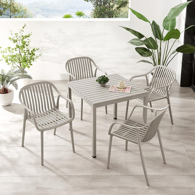 5-Piece Outdoor Patio Dining Set – Square Table with 4 Stackable Chairs, Weather-Resistant Garden or Balcony Furniture for Cafe, Backyard or Deck (Grey)