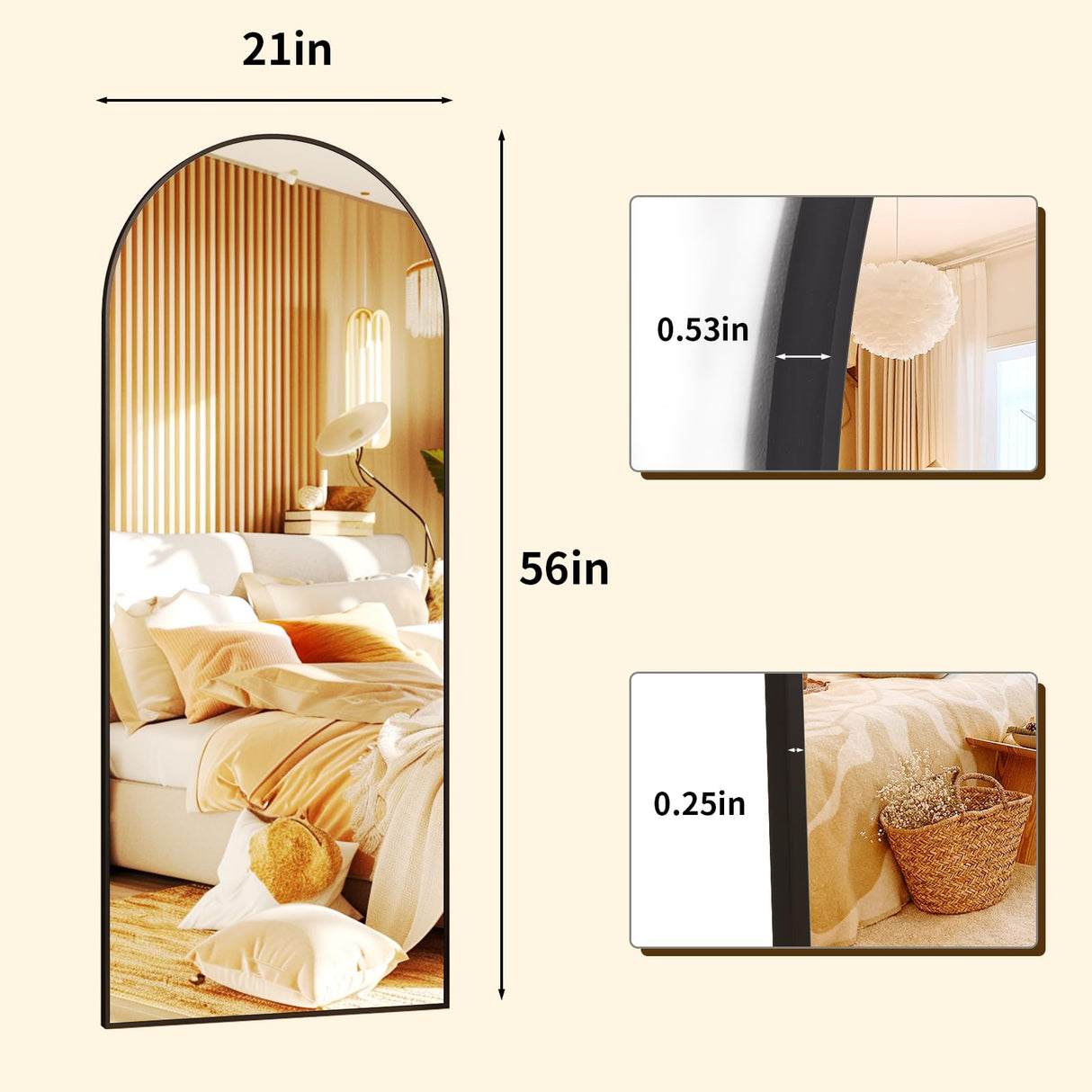 XRAMFY 56"x21" Arched Full Length Mirror Floor Mirrors with Aluminum Alloy Frame Free-Standing Wall Mounted Floor Mirrors or Large Dressing Mirror, Black Mirror Full Length XRAMFY