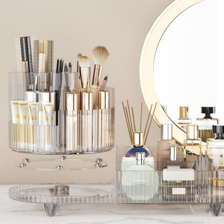 Rotating makeup organizer,Large Capacity Cosmetic Display Case, easy to hold all of your makeup products, at least 20 makeup brushes/eyeliner,10 lipsticks,8 skincare products(Crystal Amber) Booklov