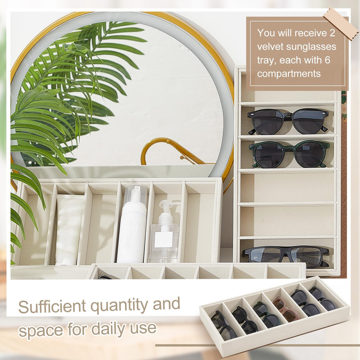 Juexica 2 Pcs Velvet Sunglasses Organizer Tray 6 Grid Sunglass Organizer Velvet Tray Stackable Glasses Display Case for Women Glasses Jewelry Display Watch (Beige) Juexica