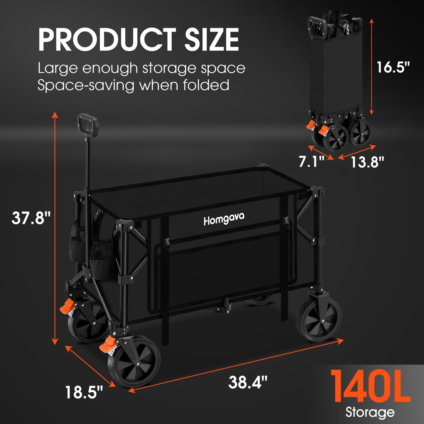 Homgava 140L Collapsible Folding Wagon Cart with 350LBS Resting Weight Capacity, Heavy Duty Garden Cart with All-Terrain&Brake Wheel, Utility Wagon with Side Pocket for Camping,Shopping,Sports,Black