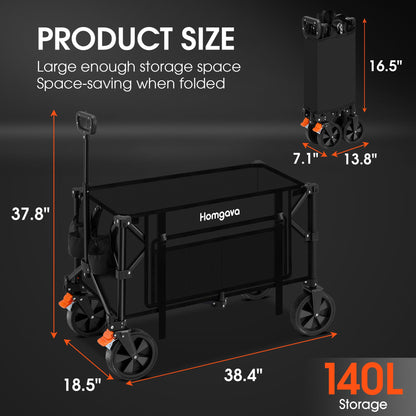 Homgava 140L Collapsible Folding Wagon Cart with 350LBS Resting Weight Capacity, Heavy Duty Garden Cart with All-Terrain&Brake Wheel, Utility Wagon with Side Pocket for Camping,Shopping,Sports,Black